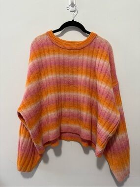 H&M Pink and Orange Striped Ribbed Crewneck Sweater